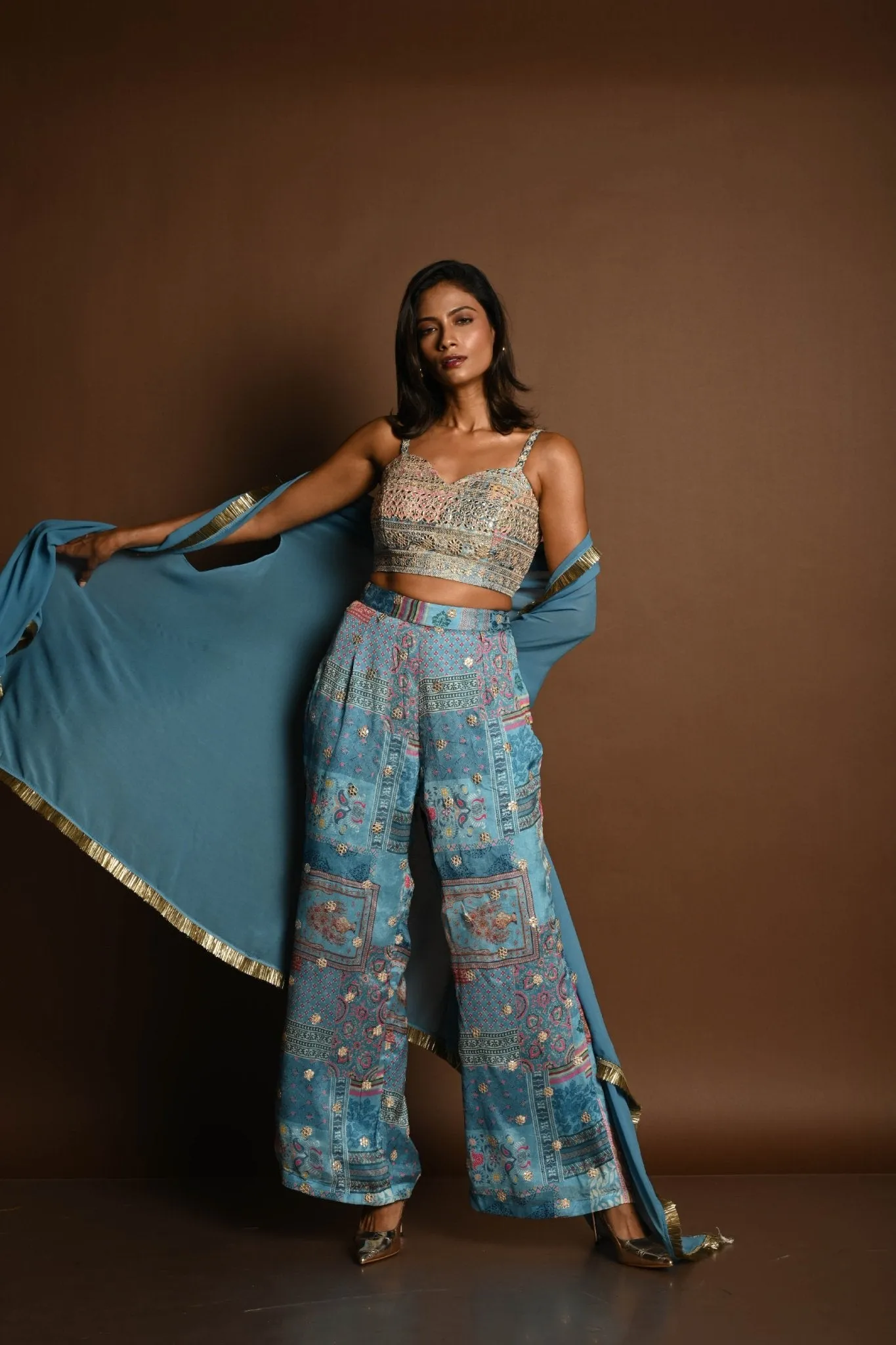 Blue Cape Set with Embroidered Crop Top and Printed Palazzo