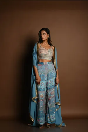 Blue Cape Set with Embroidered Crop Top and Printed Palazzo