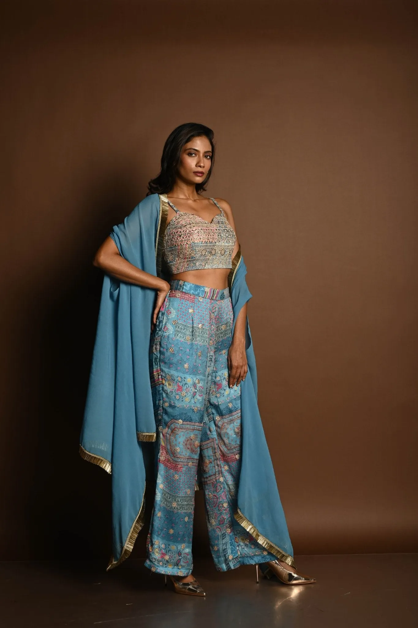 Blue Cape Set with Embroidered Crop Top and Printed Palazzo