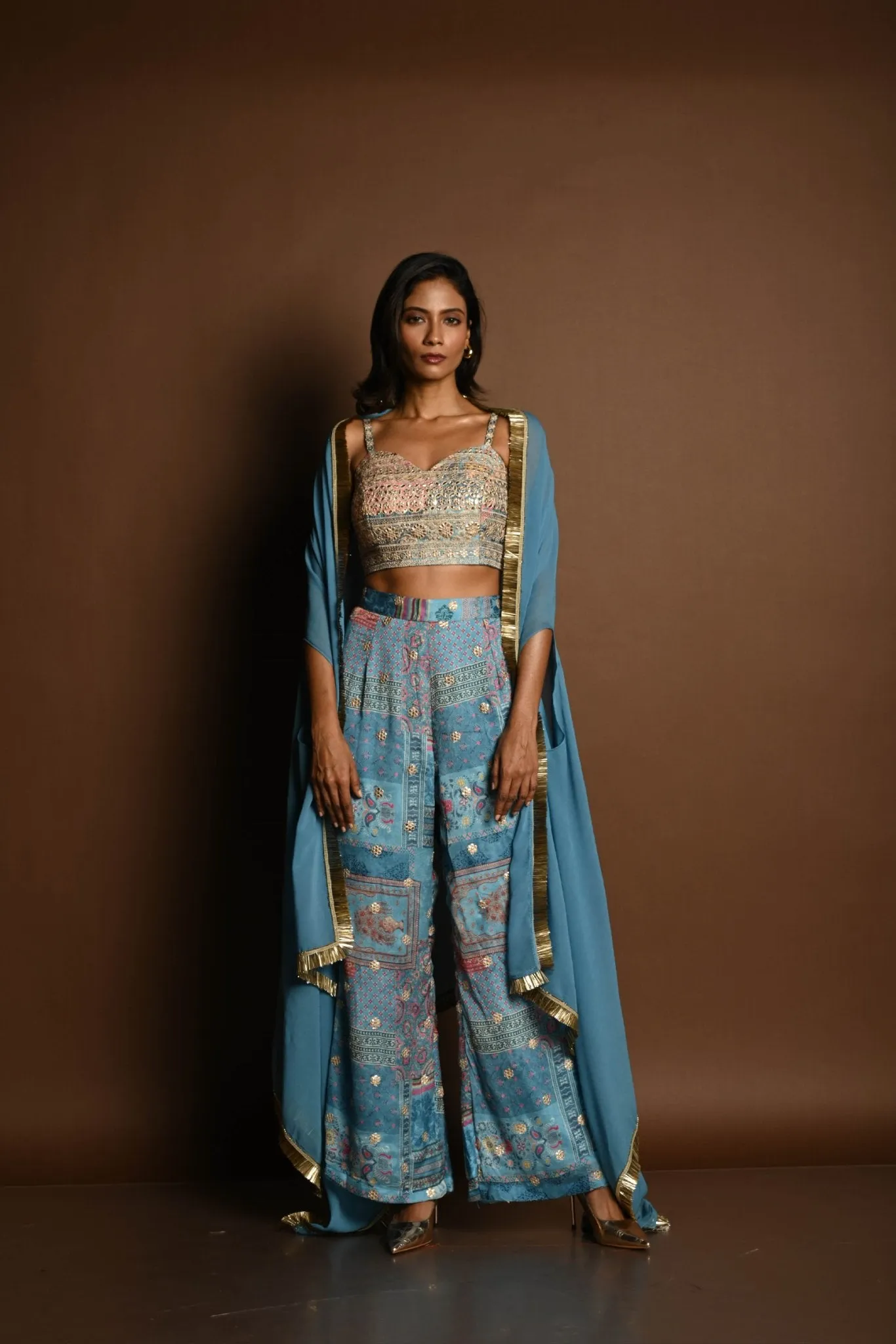 Blue Cape Set with Embroidered Crop Top and Printed Palazzo