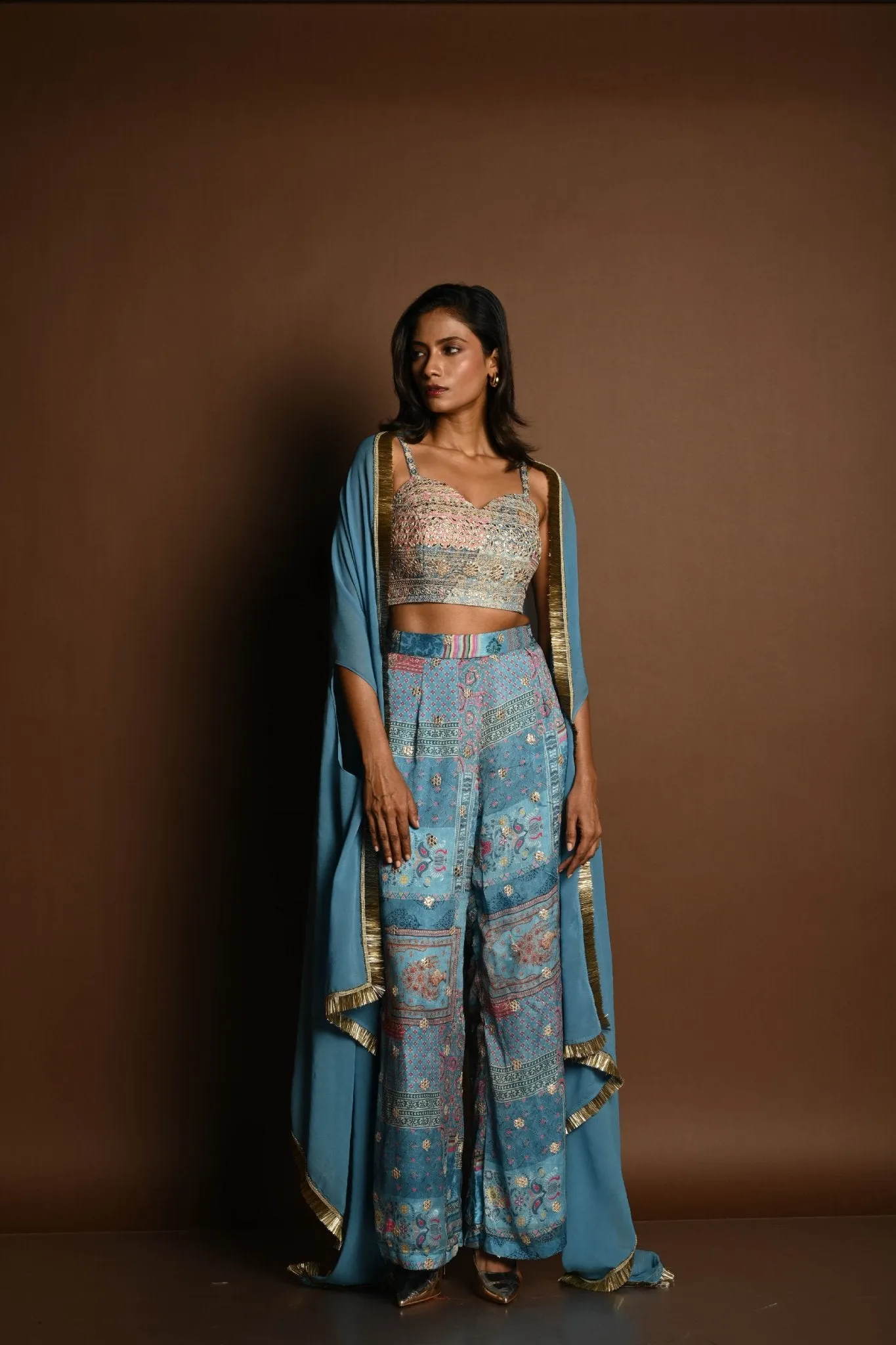 Blue Cape Set with Embroidered Crop Top and Printed Palazzo