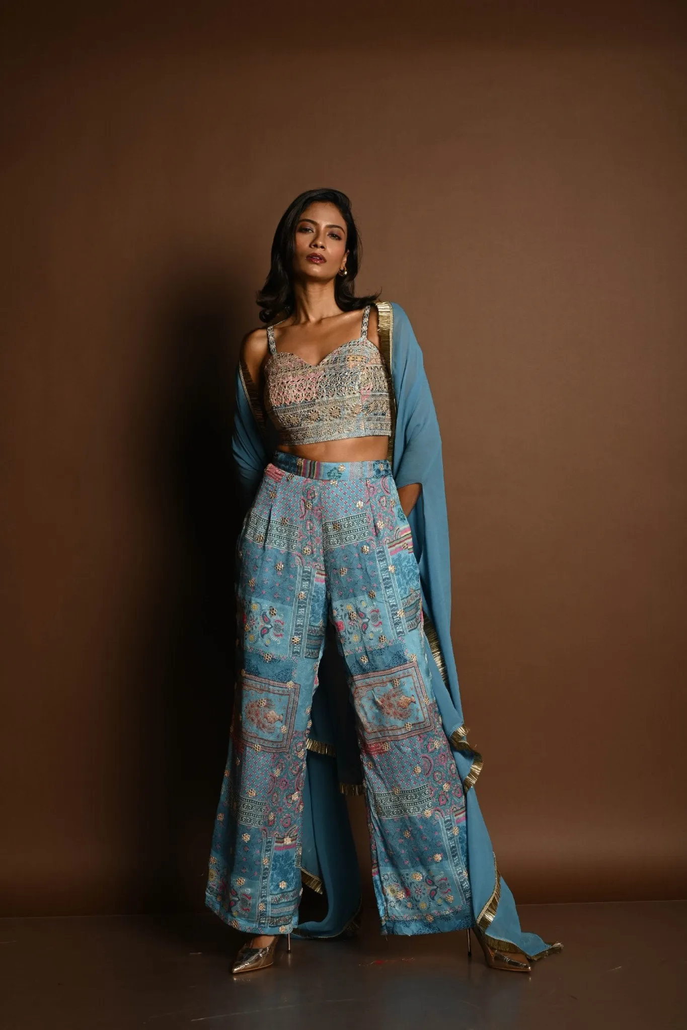 Blue Cape Set with Embroidered Crop Top and Printed Palazzo