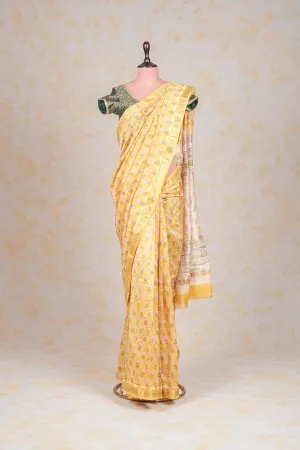 Cotton Hand Block Print Saree With Zari Border- Yellow