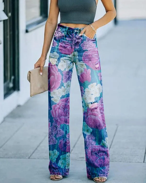 Fashion Diagonal Cloth Printed Jeans