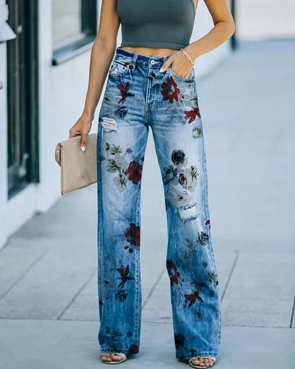 Fashion Diagonal Cloth Printed Jeans