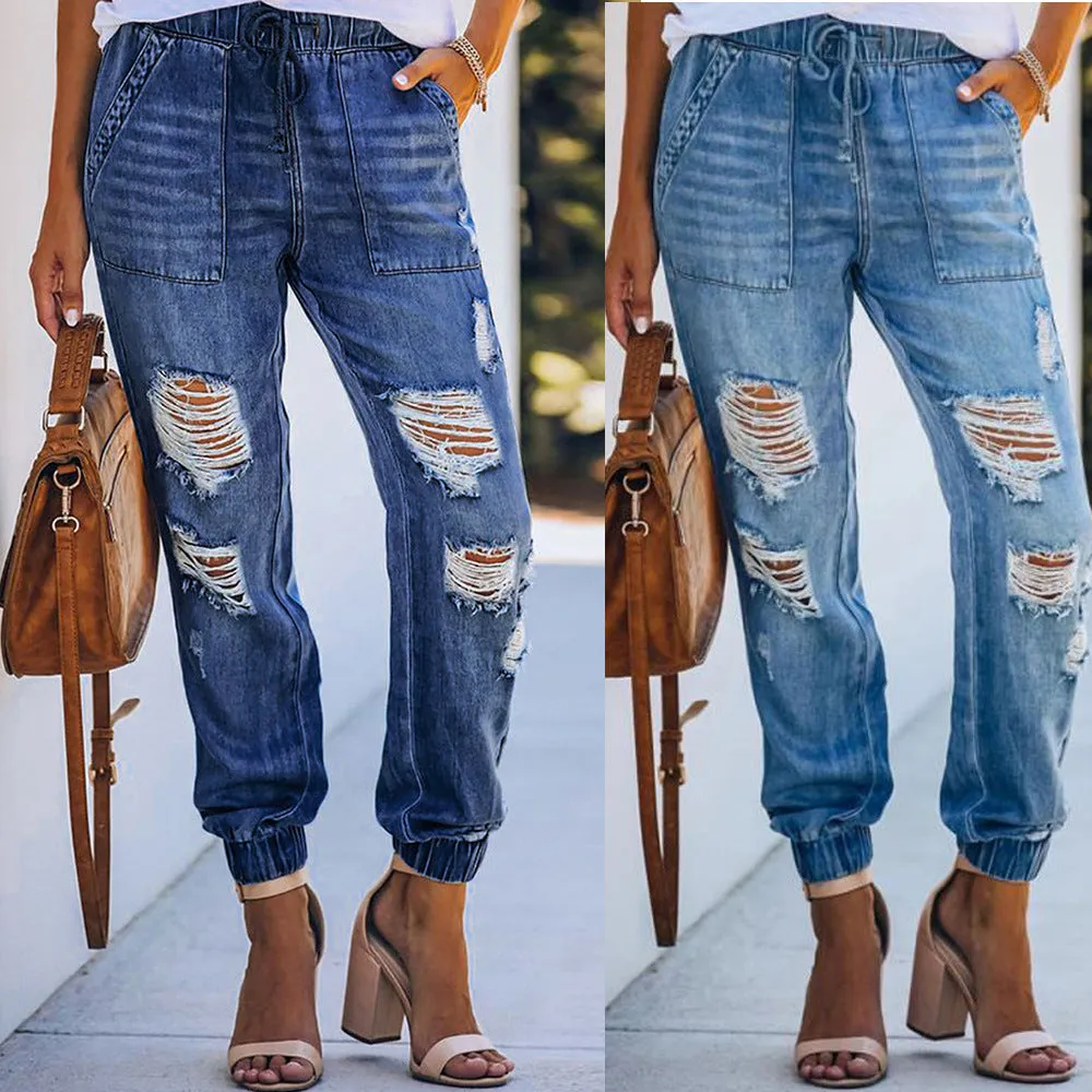 Fashion Tight Waist Ripped Denim Pants