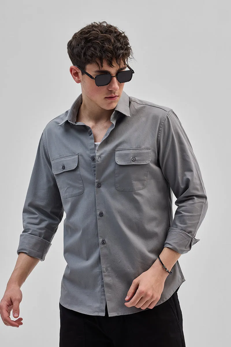 Grey Solid Double Pocket Overshirt