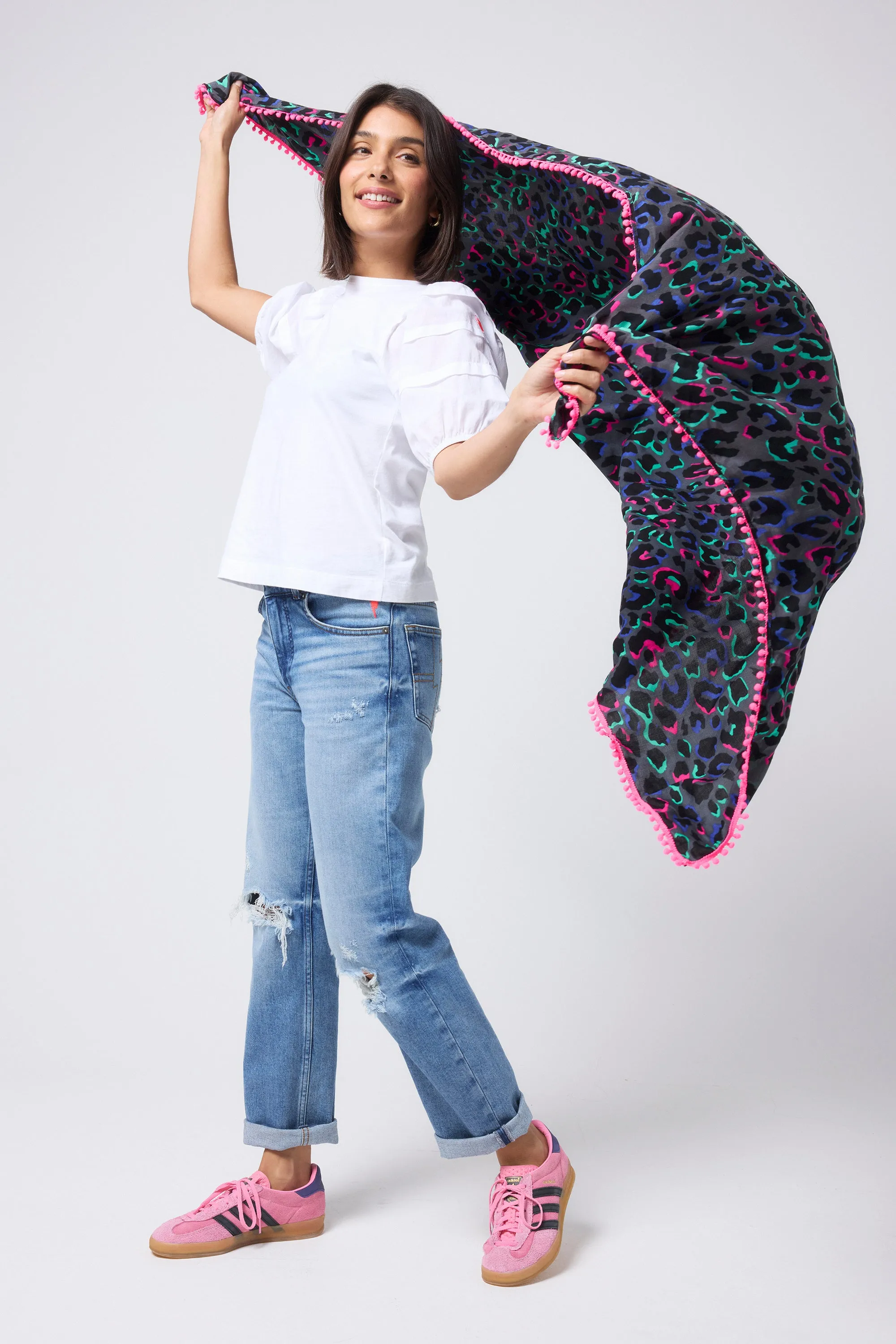 Grey with Pink and Green Pop Leopard Charity Super Scarf