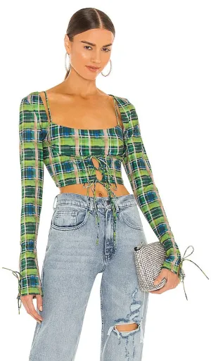 GUIZIO Plaid Scoop Tie Cardigan in Green