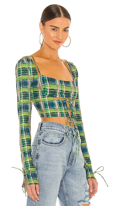 GUIZIO Plaid Scoop Tie Cardigan in Green