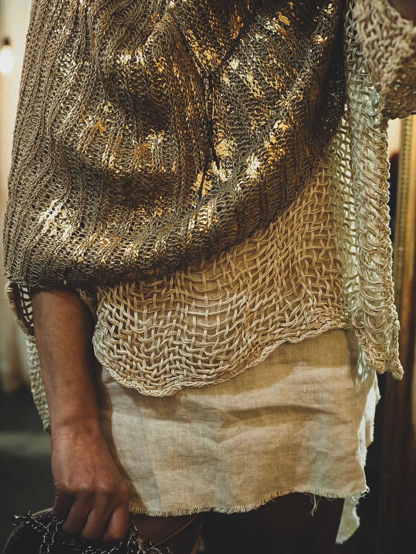 Hand knit shrug (Linen) w/ foil print - Sage
