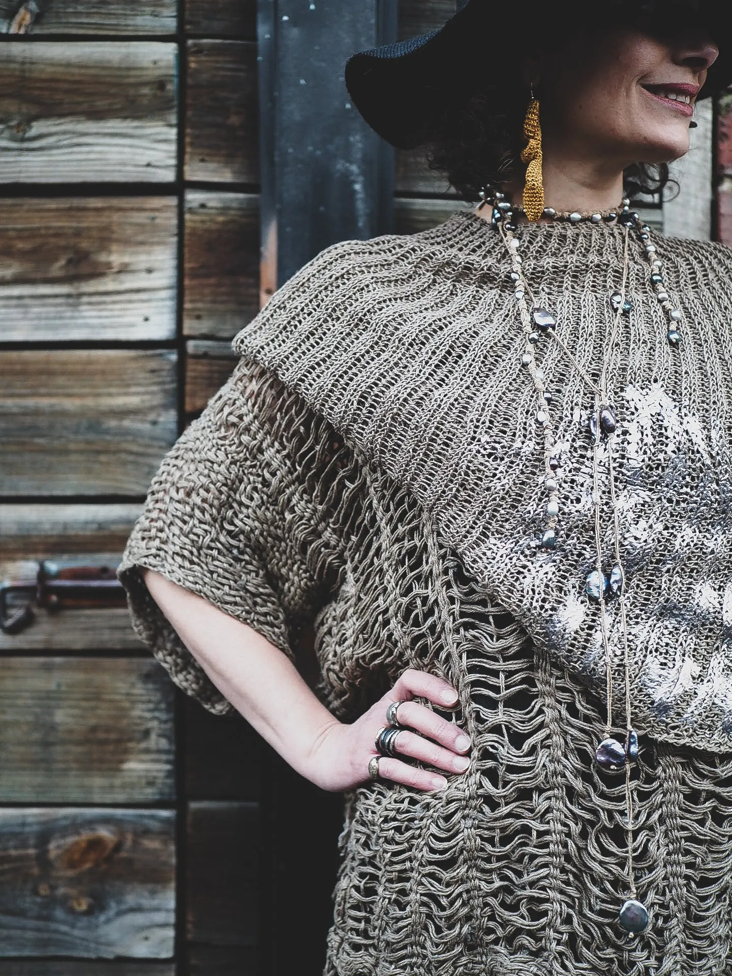 Hand knit shrug (Linen) w/ foil print - Sage