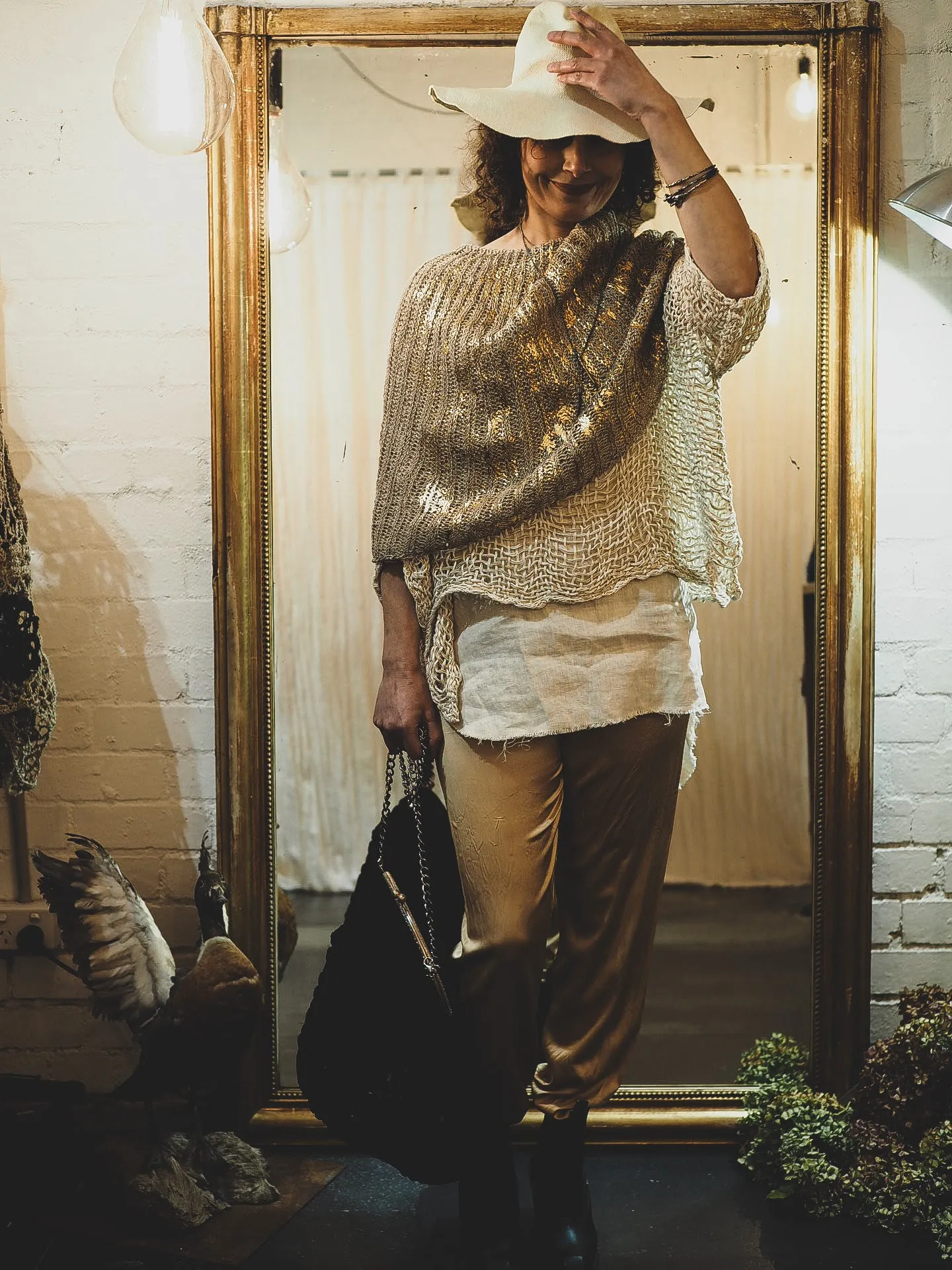 Hand knit shrug (Linen) w/ foil print - Sage