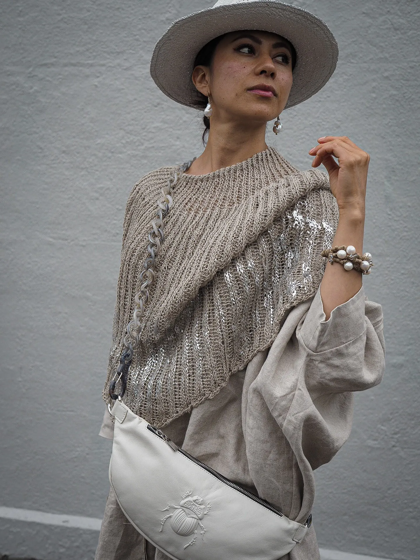 Hand knit shrug (Linen) w/ foil print - Sage