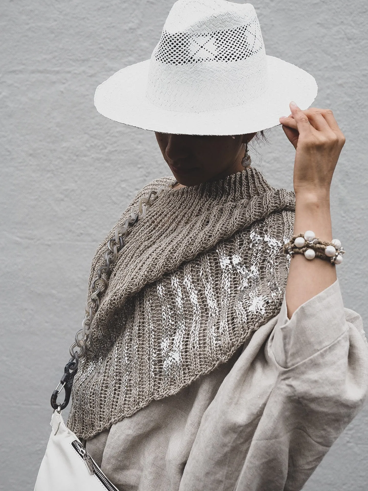 Hand knit shrug (Linen) w/ foil print - Sage