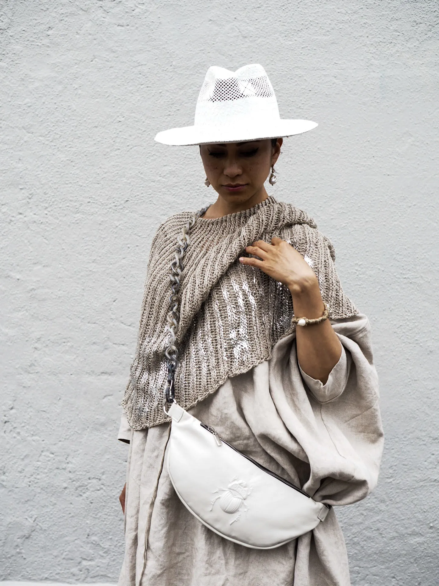 Hand knit shrug (Linen) w/ foil print - Sage