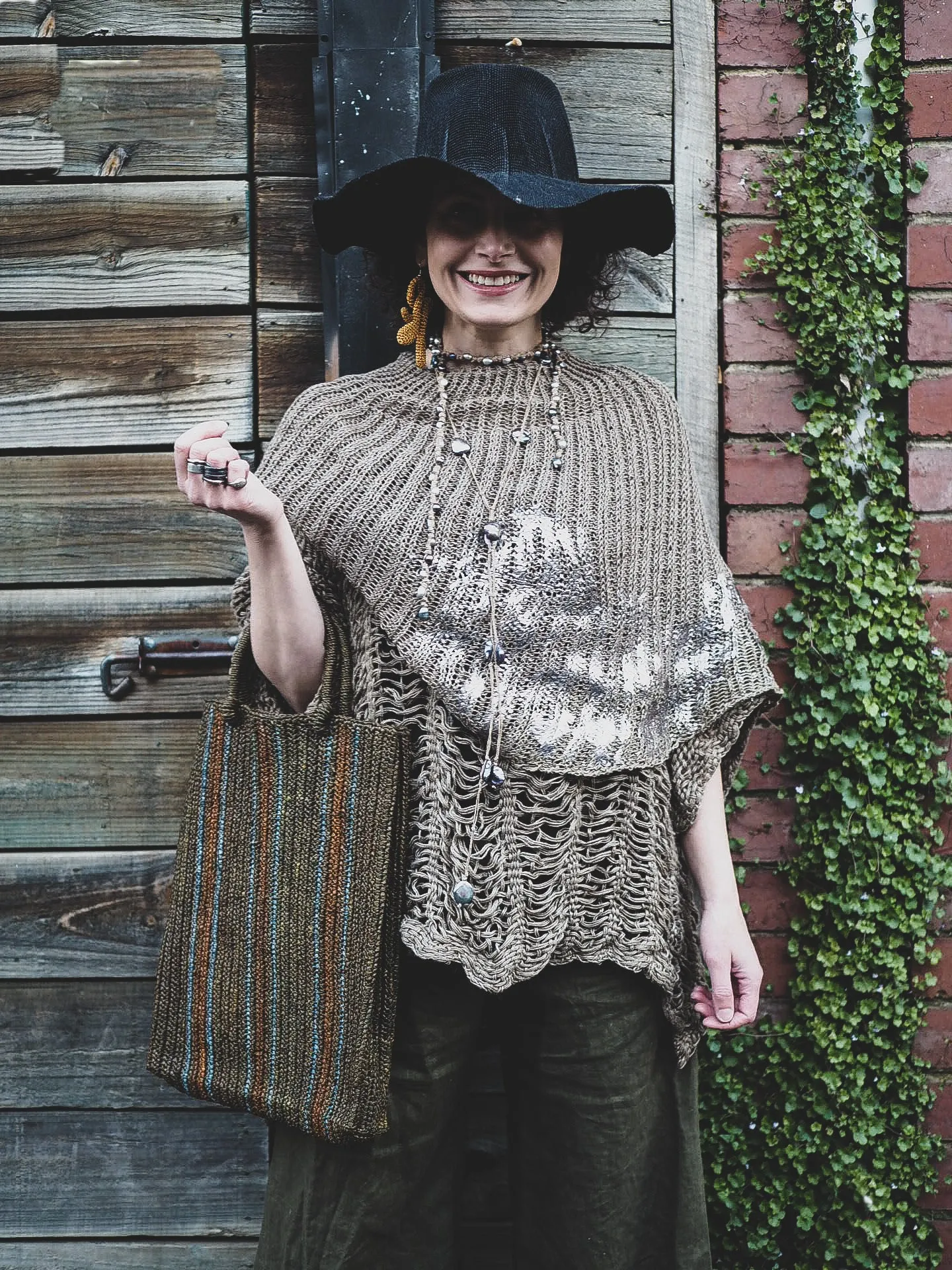 Hand knit shrug (Linen) w/ foil print - Sage