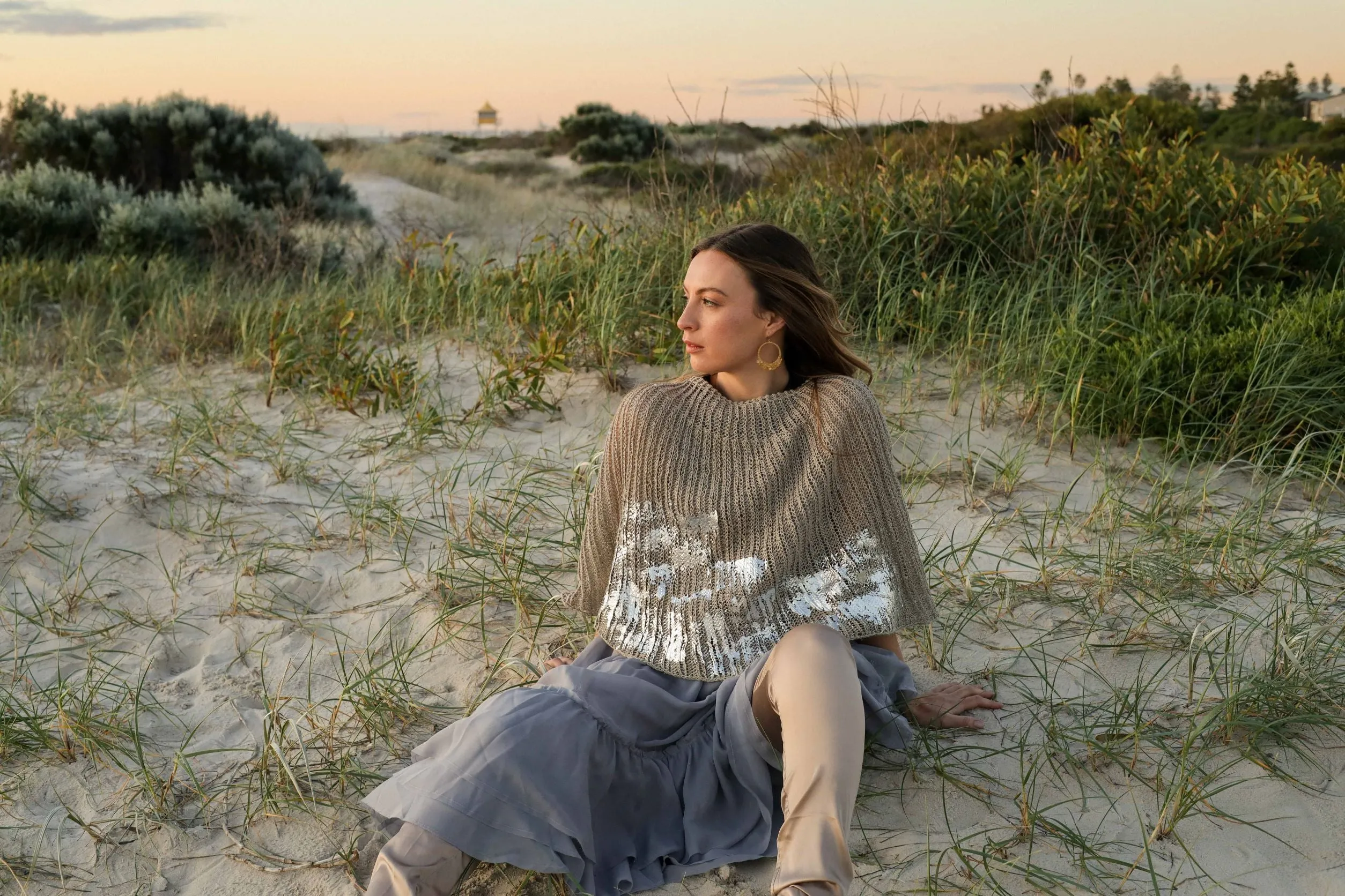 Hand knit shrug (Linen) w/ foil print - Sage
