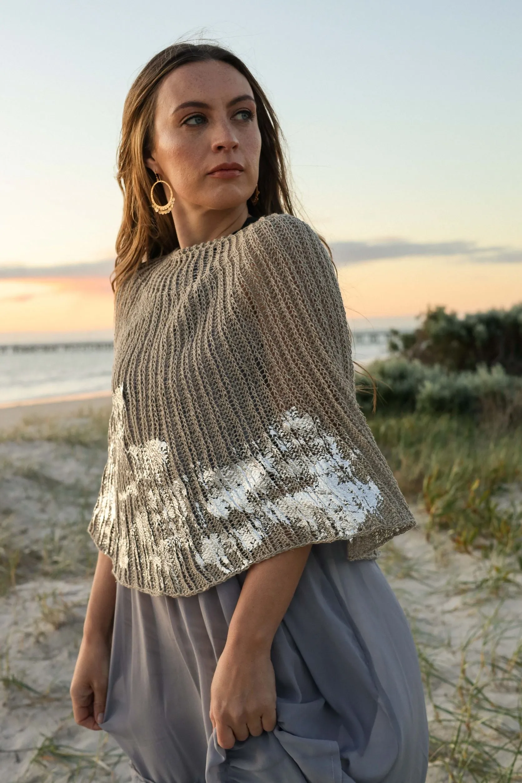 Hand knit shrug (Linen) w/ foil print - Sage