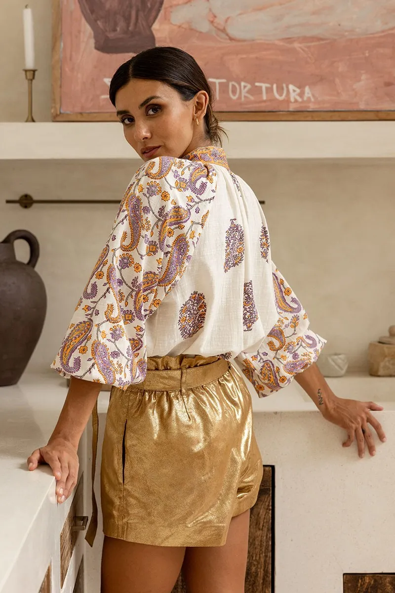 High Neck Blouse in Purple/White
