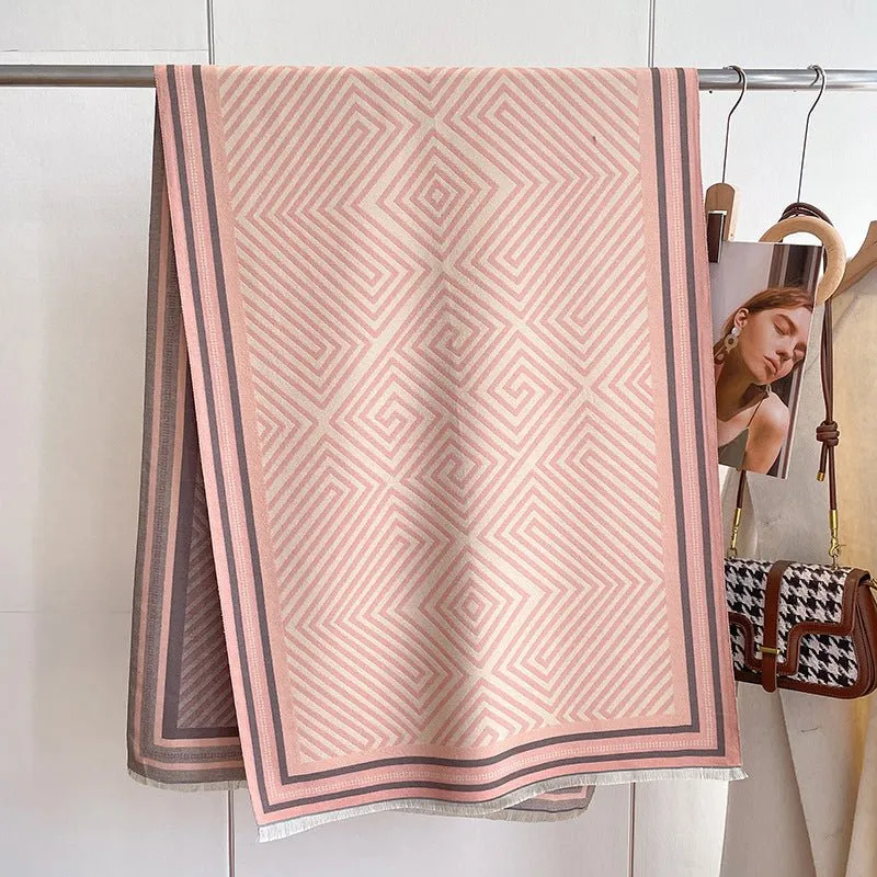 High Quality Pink Striped Design Women's Winter Shawl Scarf