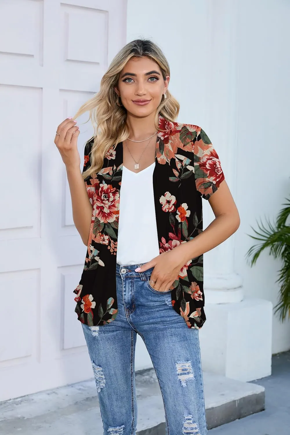 HIYIYEZI Open Front Cardigan Sweaters for Women with Pockets Lightweight Short Sleeve Ruffle Front Kimono Cardigan Duster