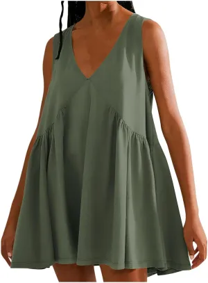 hlysgo Babydoll Dresses for Women 2025 Summer Sleeveless V Neck Beach Mini Dress Cute Ladies A-Line Swing Casual Sundress