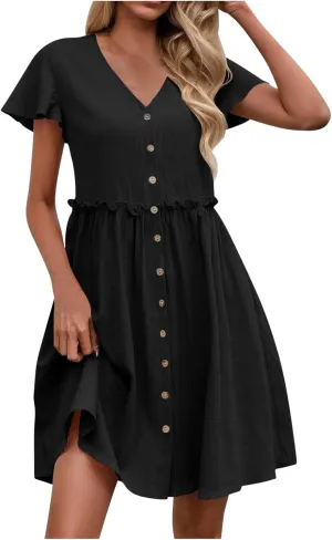 hlysgo Womens Button Down Dress 2025 Summer Loose Fit Flutter Sleeve V Neck Mini Dresses Beach Vacation A Line Casual Dress