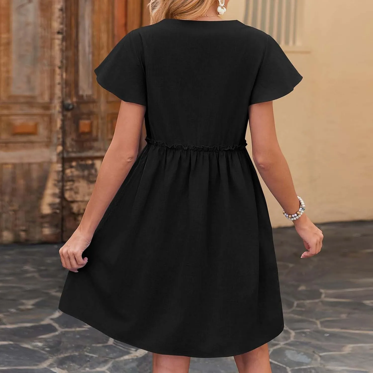 hlysgo Womens Button Down Dress 2025 Summer Loose Fit Flutter Sleeve V Neck Mini Dresses Beach Vacation A Line Casual Dress