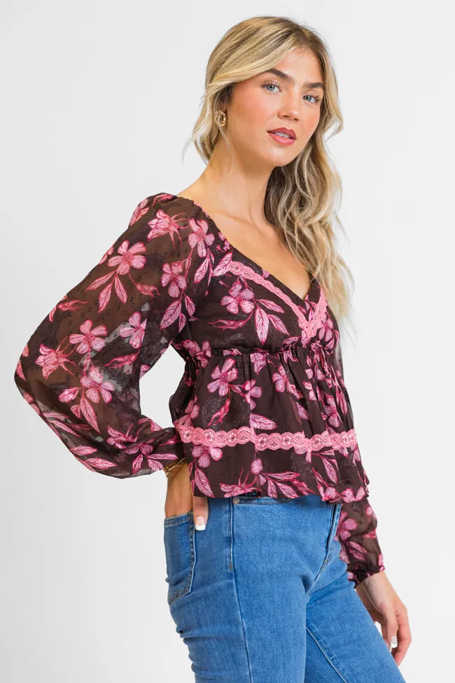 In My Dreams Brown and Pink Lace Trim Floral Blouse FINAL SALE
