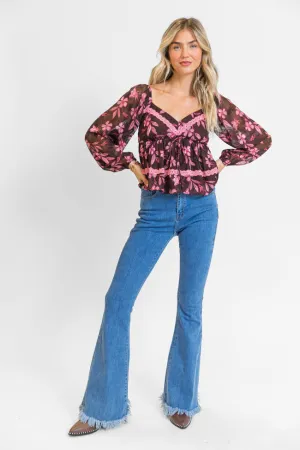 In My Dreams Brown and Pink Lace Trim Floral Blouse FINAL SALE