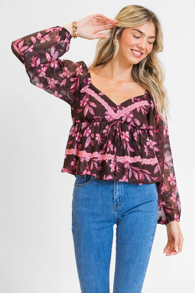In My Dreams Brown and Pink Lace Trim Floral Blouse FINAL SALE