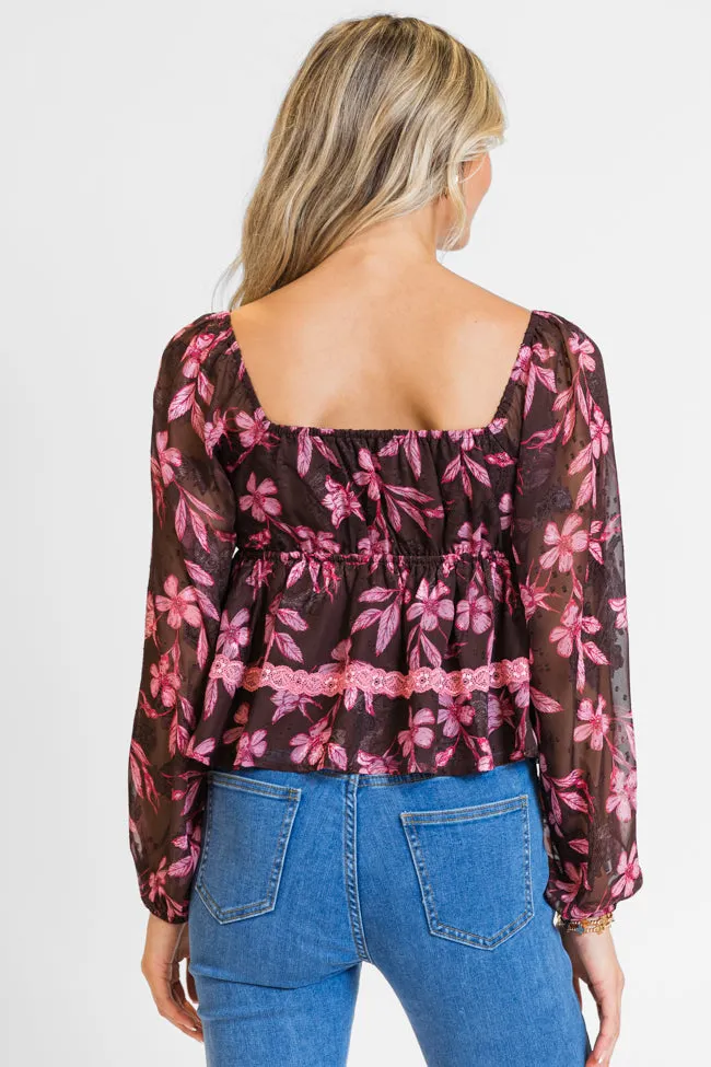 In My Dreams Brown and Pink Lace Trim Floral Blouse FINAL SALE