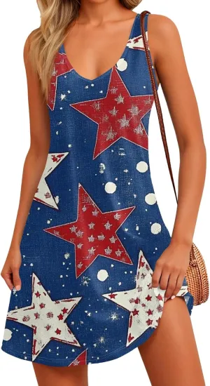 Independence Day Dress for Women Patriotic 4th of July Knee Length Mini Dresses V Neck Spaghetti Strap Sundresses
