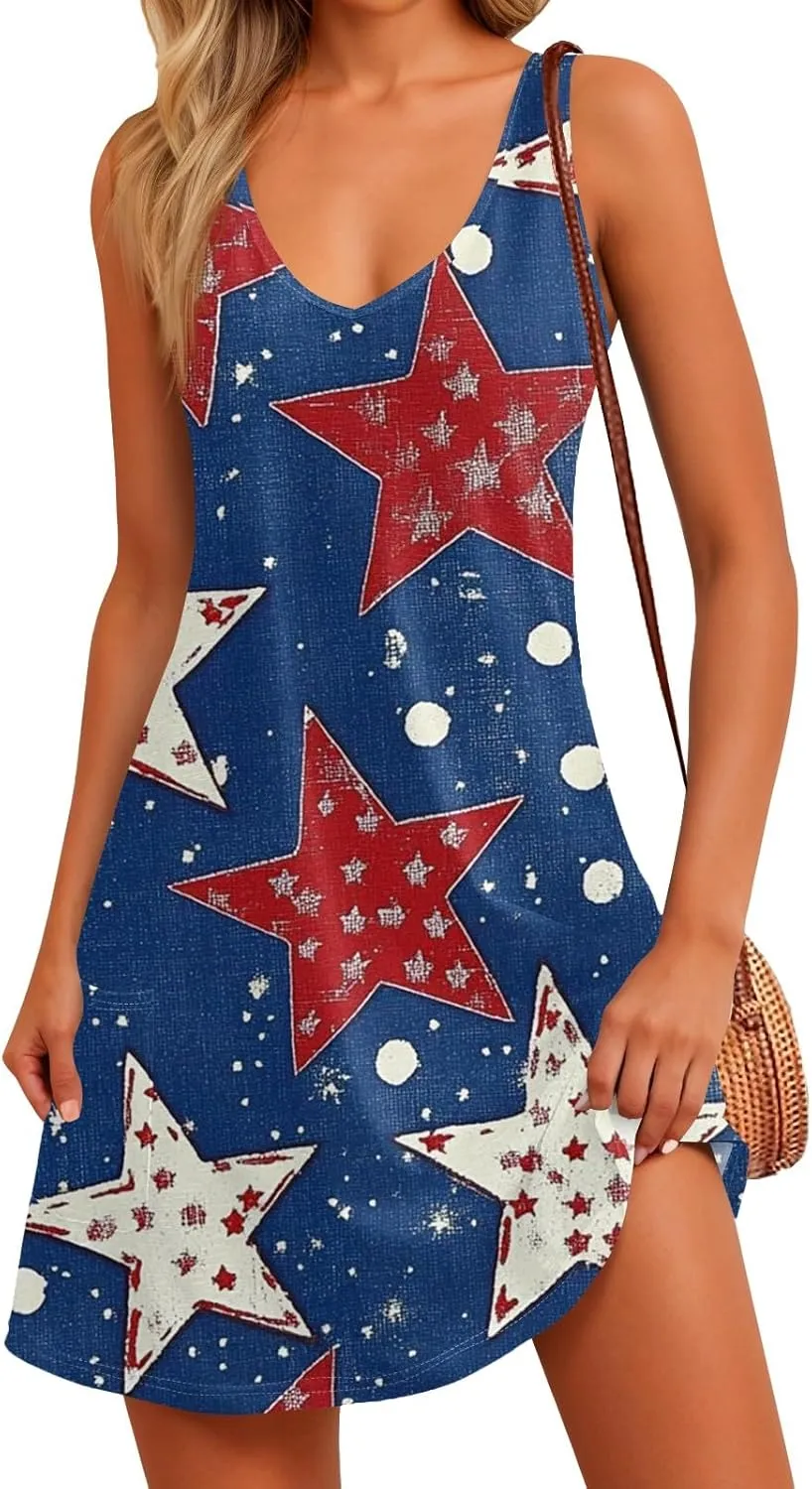 Independence Day Dress for Women Patriotic 4th of July Knee Length Mini Dresses V Neck Spaghetti Strap Sundresses