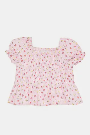 Infant Girls Pink Floral Print Smocking Blouse