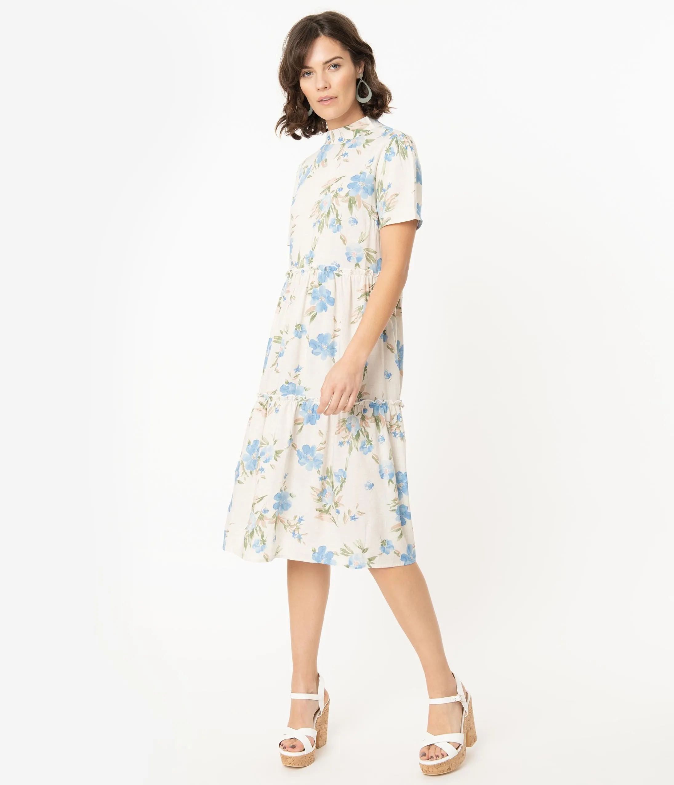 Ivory & Blue Floral Print Short Sleeve Dress