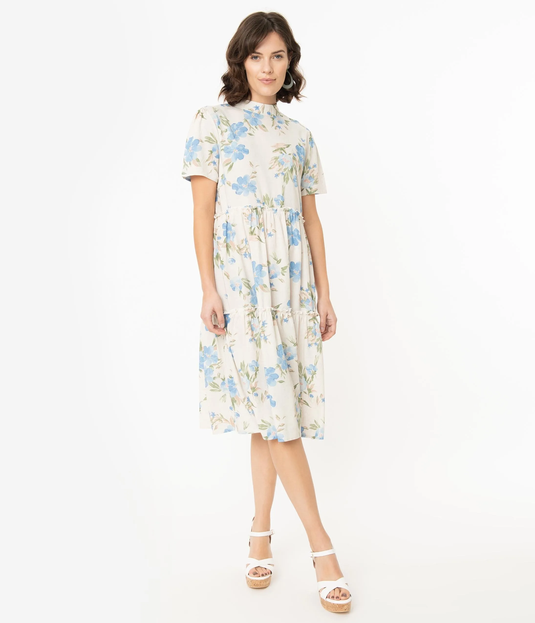 Ivory & Blue Floral Print Short Sleeve Dress