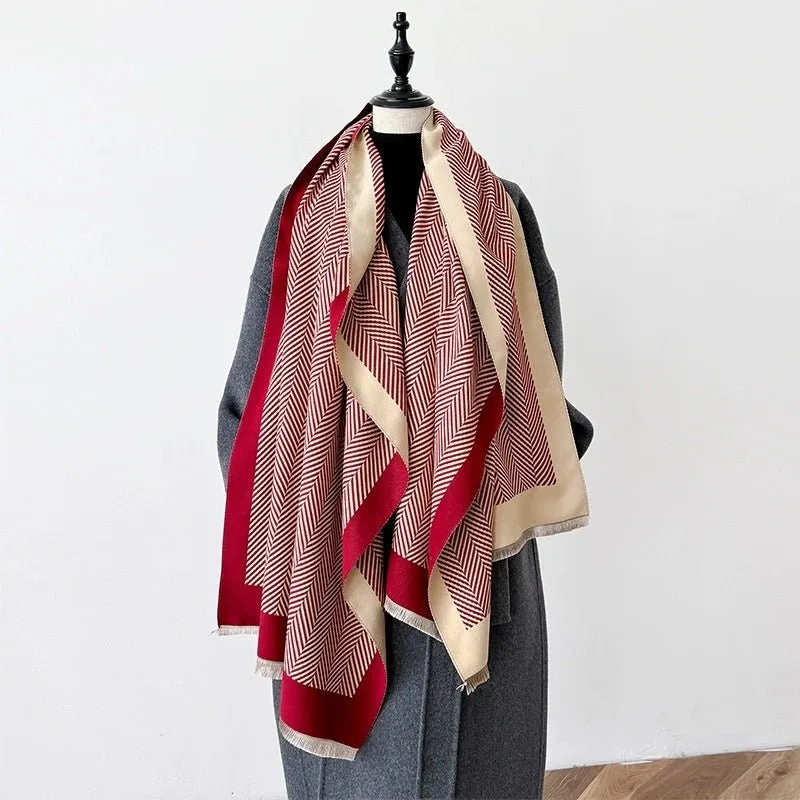 Luxurious Saffron Red Striped Pattern Winter Shawl Scarf