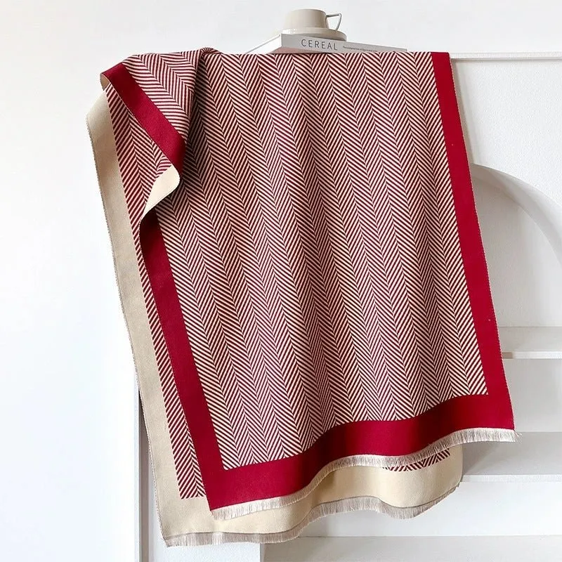 Luxurious Saffron Red Striped Pattern Winter Shawl Scarf