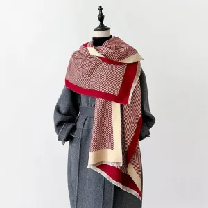 Luxurious Saffron Red Striped Pattern Winter Shawl Scarf