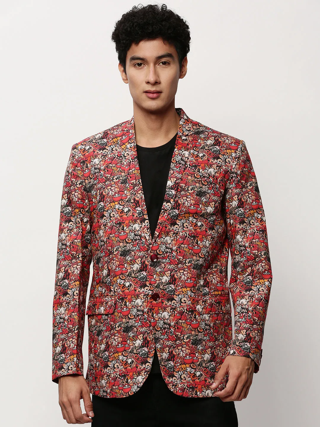 Men Rust Abstract Printed Slim-Fit Single Breasted Cotton Blazer