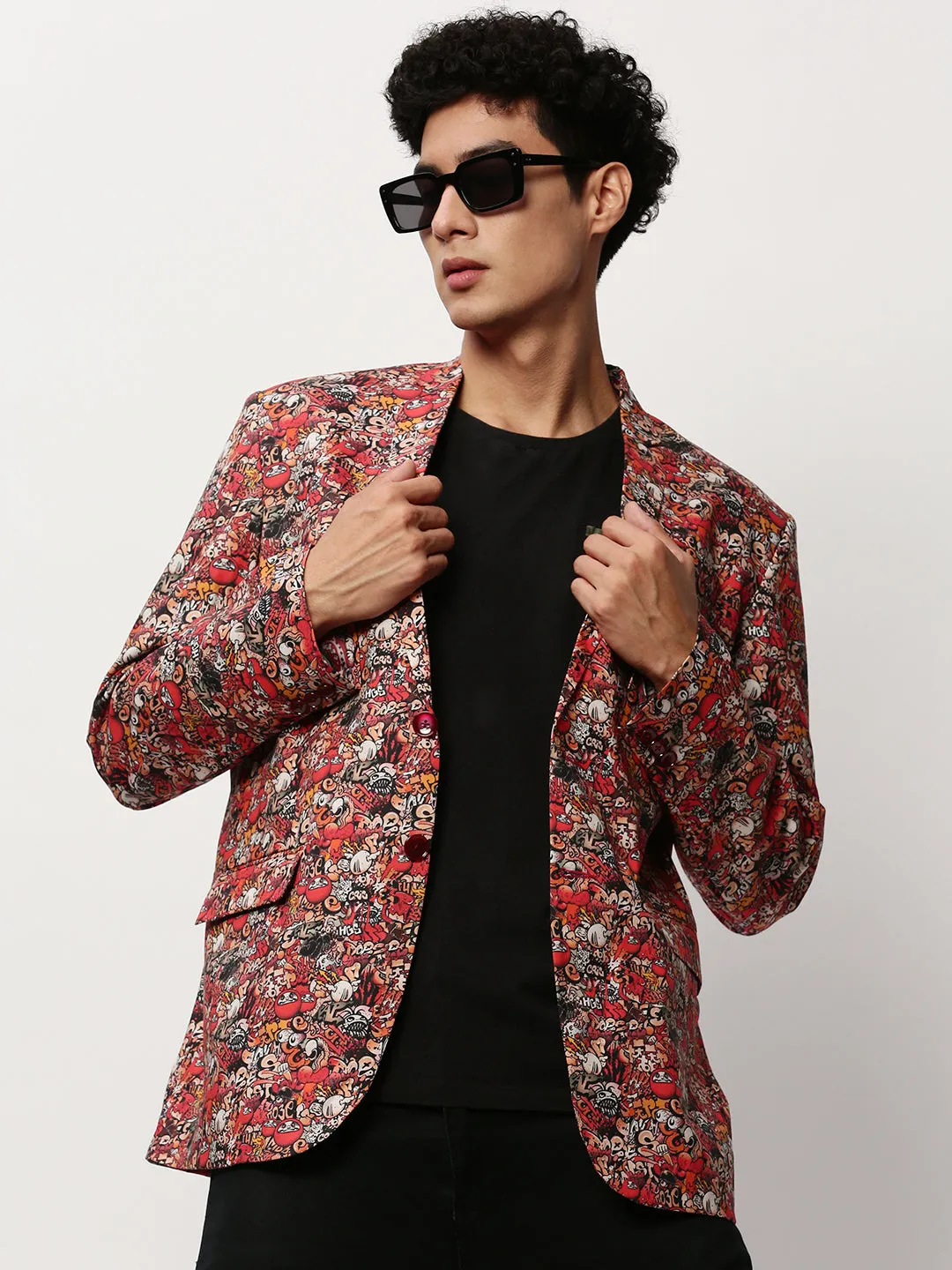 Men Rust Abstract Printed Slim-Fit Single Breasted Cotton Blazer