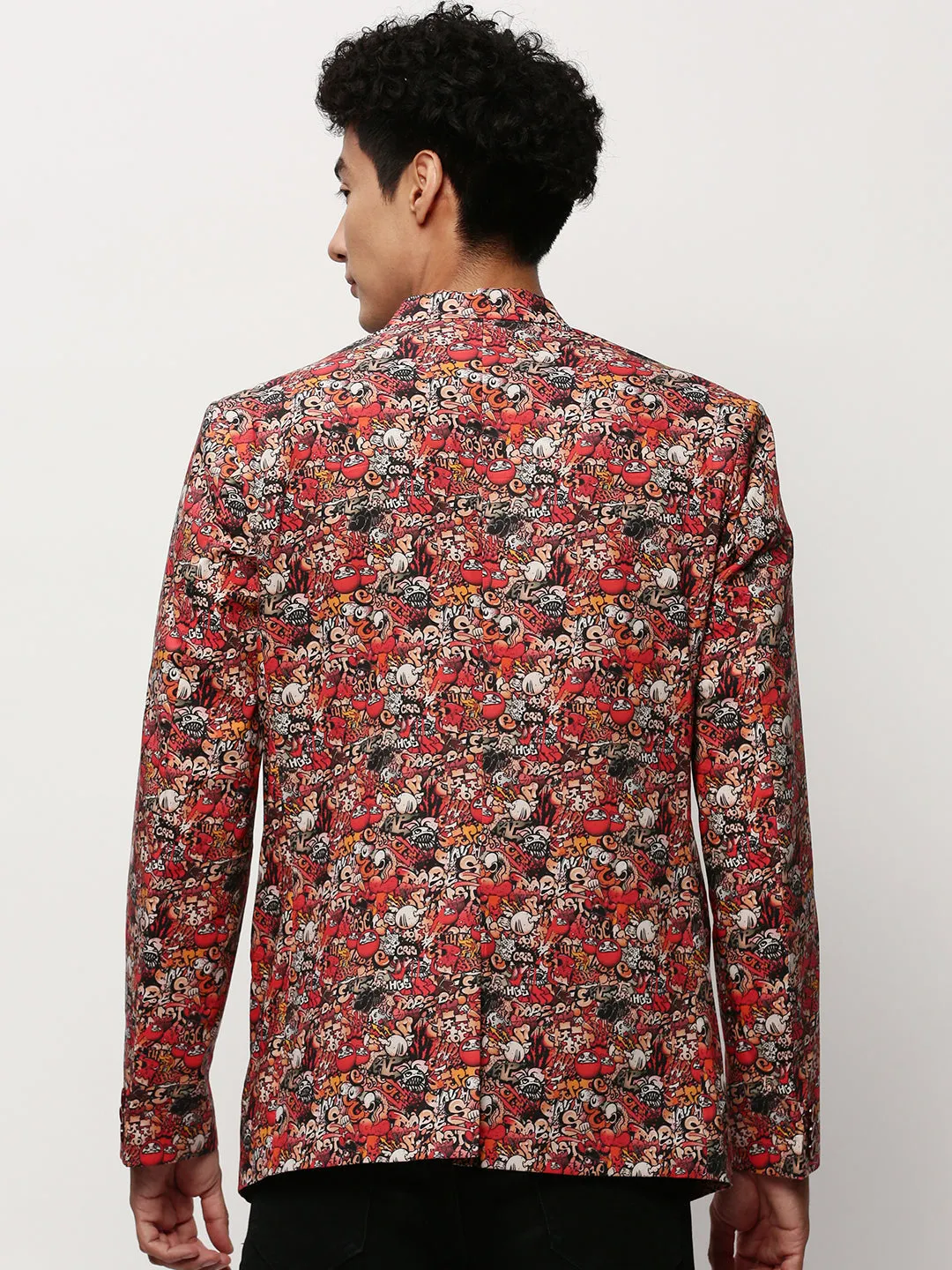 Men Rust Abstract Printed Slim-Fit Single Breasted Cotton Blazer
