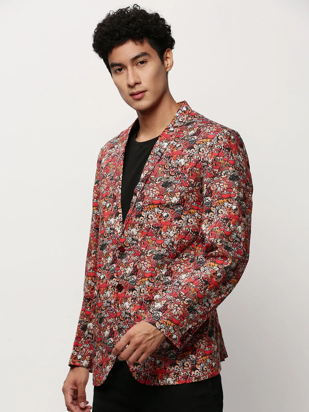 Men Rust Abstract Printed Slim-Fit Single Breasted Cotton Blazer