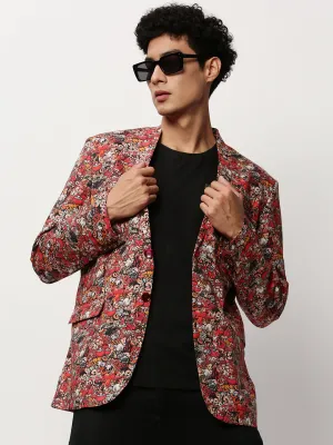 Men Rust Abstract Printed Slim-Fit Single Breasted Cotton Blazer