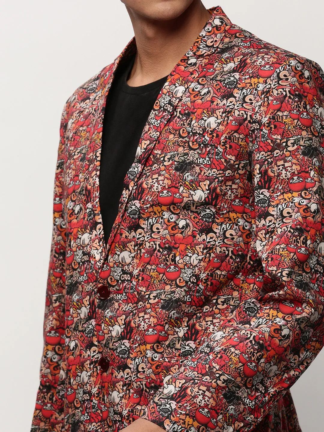 Men Rust Abstract Printed Slim-Fit Single Breasted Cotton Blazer