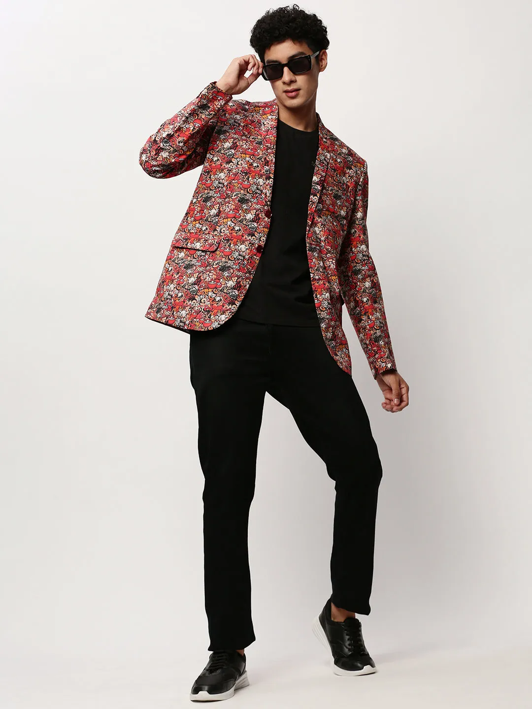 Men Rust Abstract Printed Slim-Fit Single Breasted Cotton Blazer