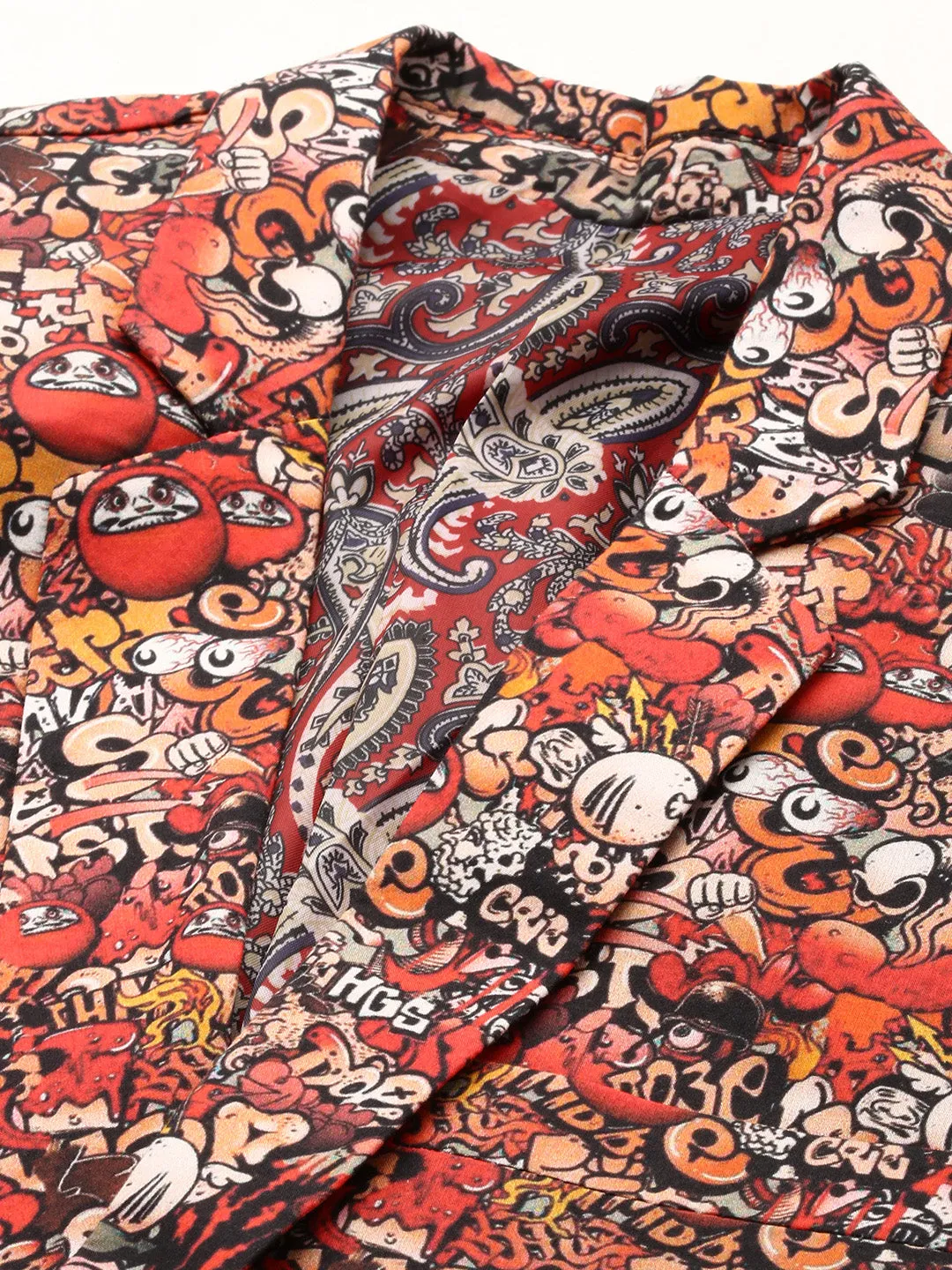 Men Rust Abstract Printed Slim-Fit Single Breasted Cotton Blazer