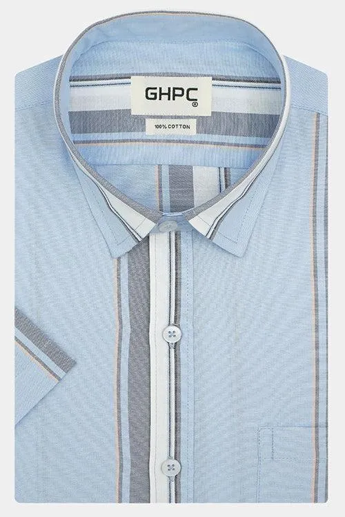 Mens 100% Cotton Balance Striped Half Sleeves Shirt (Blue)